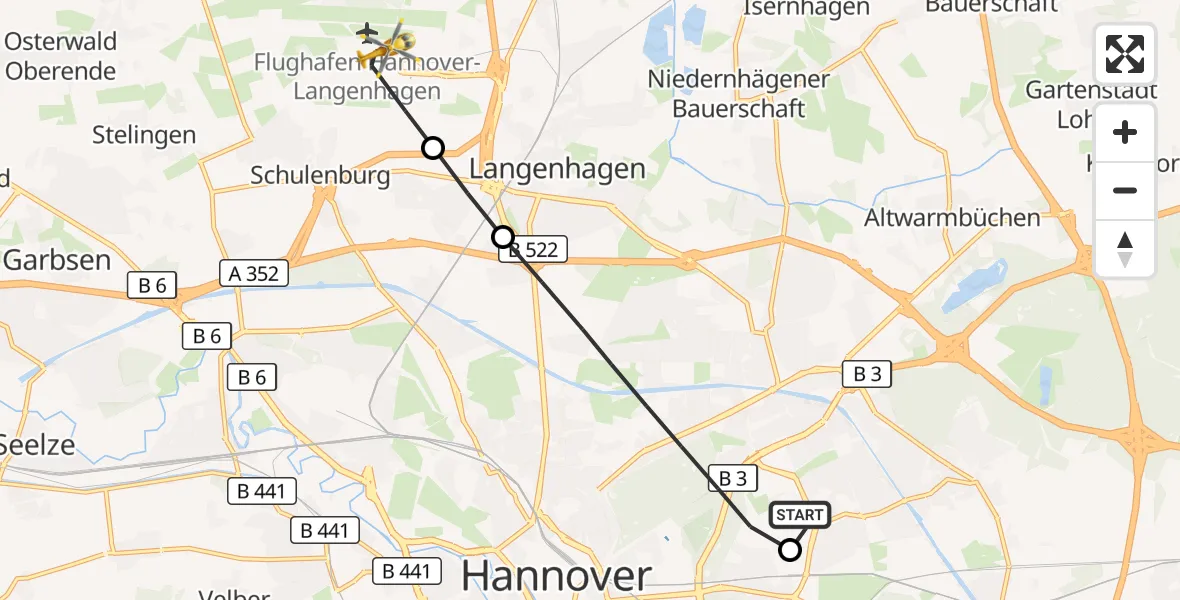 Flugroute Rettungshubschrauber Hannover Luftrettung Hubschrauberlandeplatz (Christoph 4) - Flughafen Hannover, 27 August 2026, 13:59