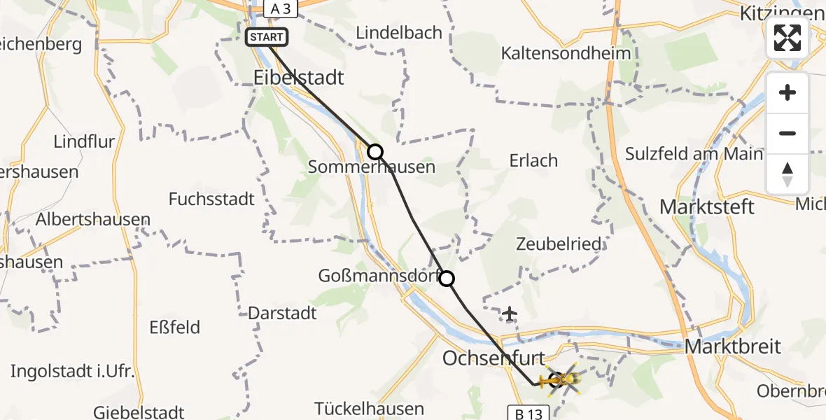 Flugroute Rettungshubschrauber Eibelstadt - Ochsenfurt Hospital, 27 August 2026, 14:00