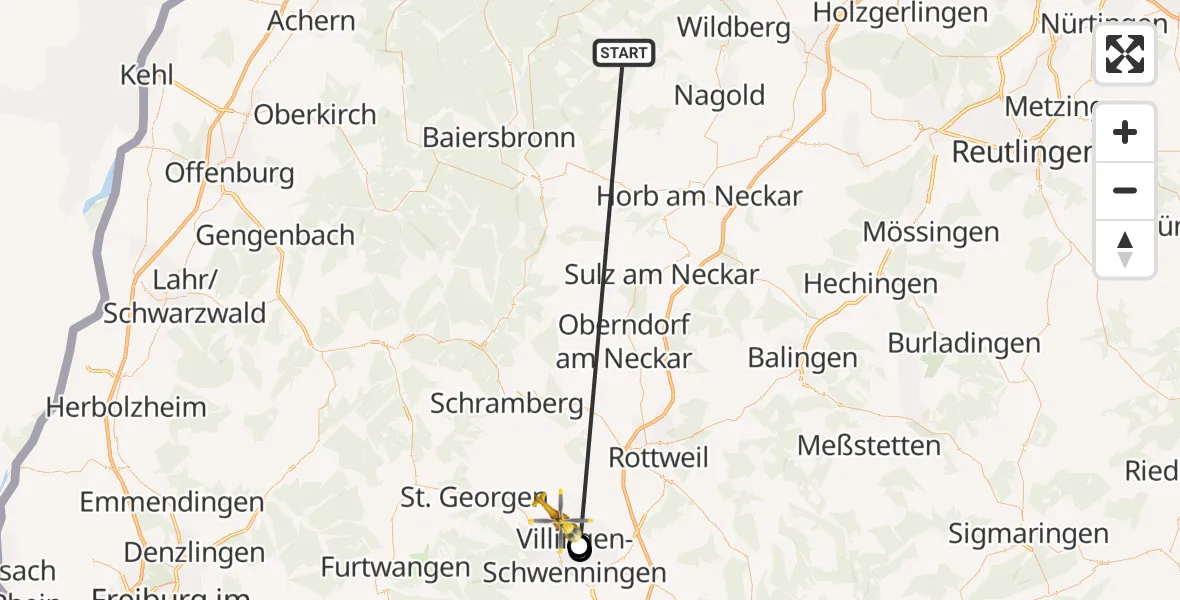 Flugroute Ambulanzhubschrauber Altensteig - Villingen-Schwenningen, 27 August 2026, 14:05