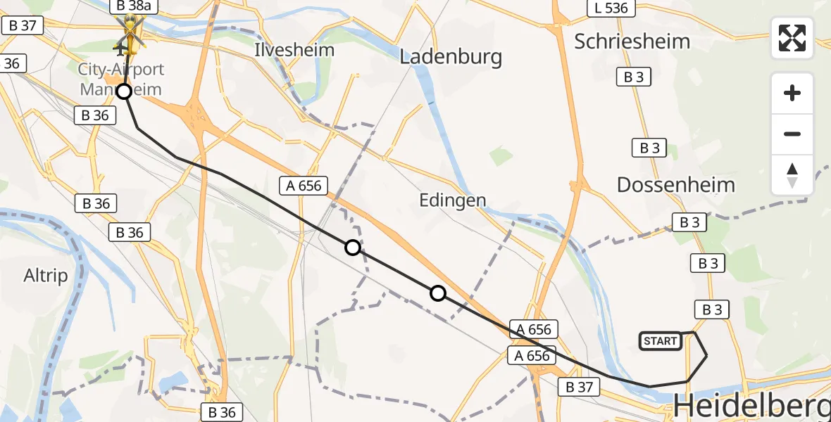 Flugroute Rettungshubschrauber Heidelberg - Mannheim-City Flughafen, 27 August 2026, 14:05