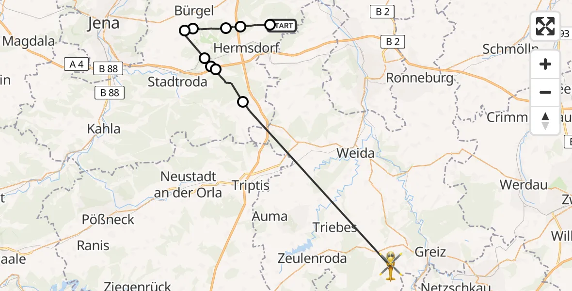 Flugroute Rettungshubschrauber Tautenhain - Greiz, 27 August 2026, 14:16