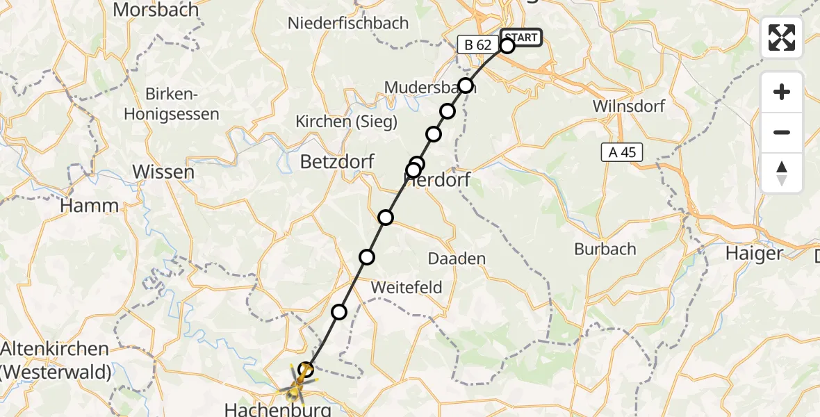 Flugroute Rettungshubschrauber Evangelisches Jung-Stilling Hospital - Nister, 27 August 2026, 14:21