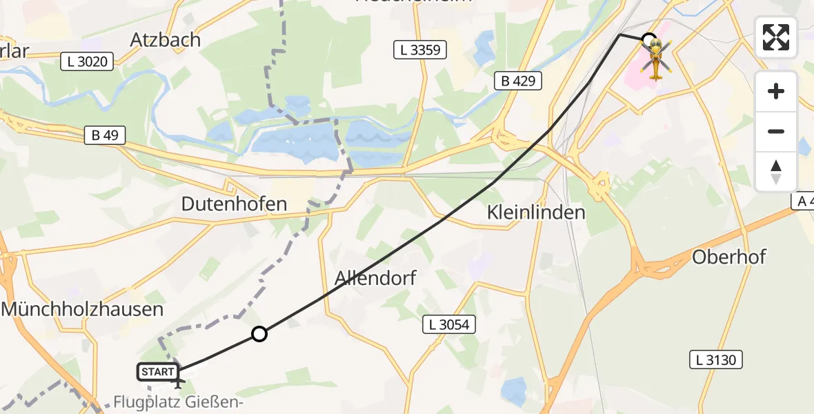 Flugroute Rettungshubschrauber Gießen-Lützellinden Flugplatz - Gießen University Hospital, 27 August 2026, 14:26
