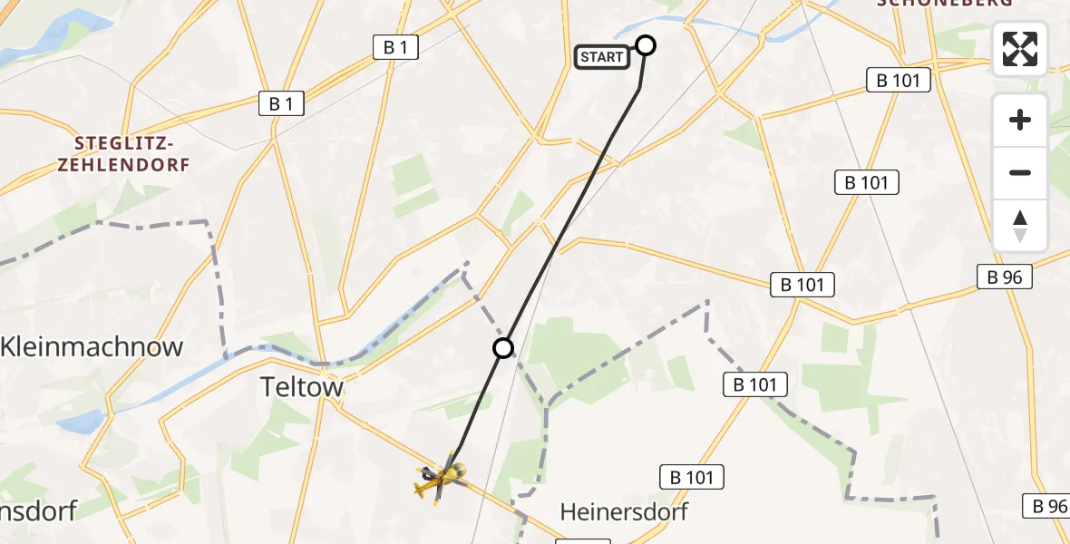 Flugroute Rettungshubschrauber Charité Clinic Benjamin Franklin Campus - Teltow, 27 August 2026, 14:27