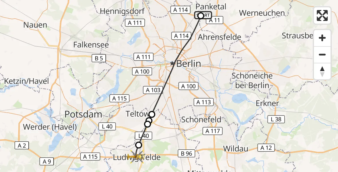 Flugroute Rettungshubschrauber Helios Clinic Berlin-Buch - Ludwigsfelde, 27 August 2026, 14:30