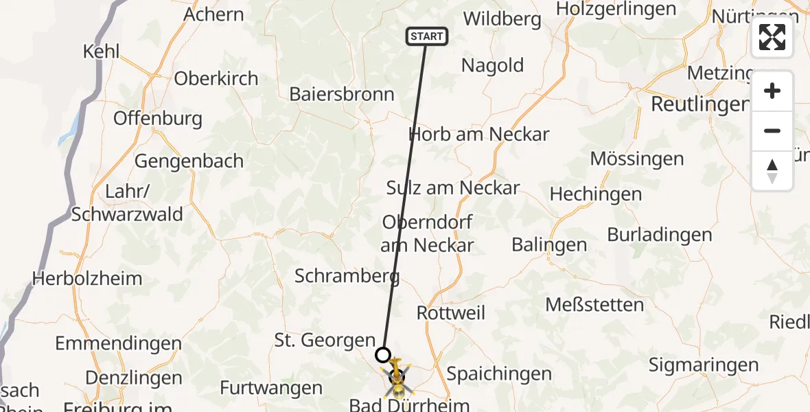 Flugroute Ambulanzhubschrauber Altensteig - DRF Air Rescue Station Villingen-Schwenningen Hubschrauberlandeplatz (Christoph 11), 27 August 2026, 14:34