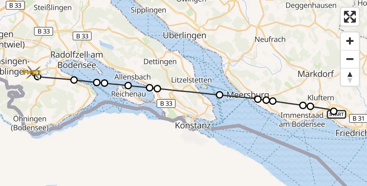 Flugroute Rettungshubschrauber Friedrichshafen Hospital - Singen (Hohentwiel), 27 August 2026, 14:35