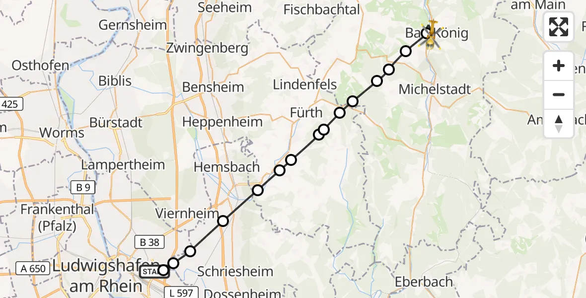 Flugroute Rettungshubschrauber Mannheim-City Flughafen - Bad König, 27 August 2026, 14:36