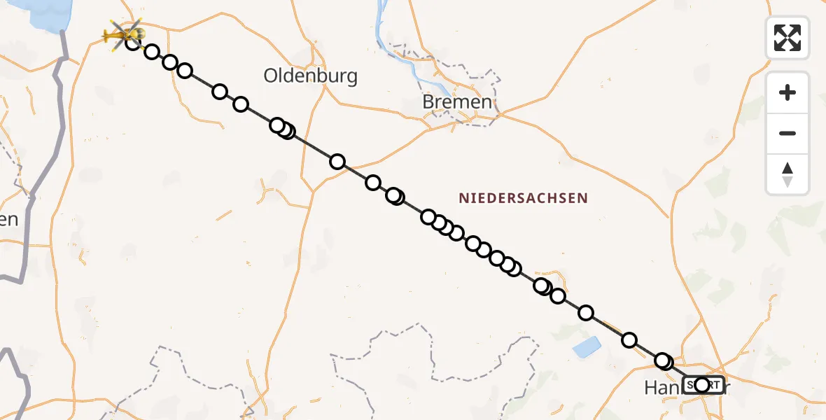 Flugroute Rettungshubschrauber Hannover Luftrettung Hubschrauberlandeplatz (Christoph 4) - Leer (Ostfriesland), 27 August 2026, 14:51