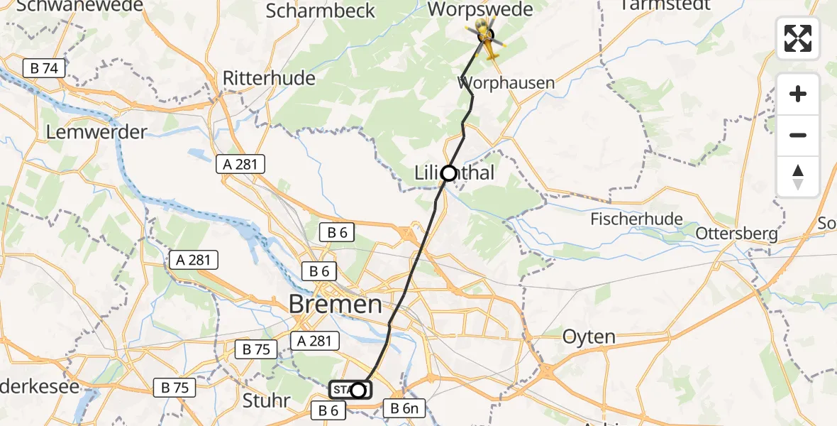 Flugroute Rettungshubschrauber ADAC Air Rescue Station Bremen Hubschrauberlandeplatz (Christoph 6) - Worpswede, 27 August 2026, 14:53