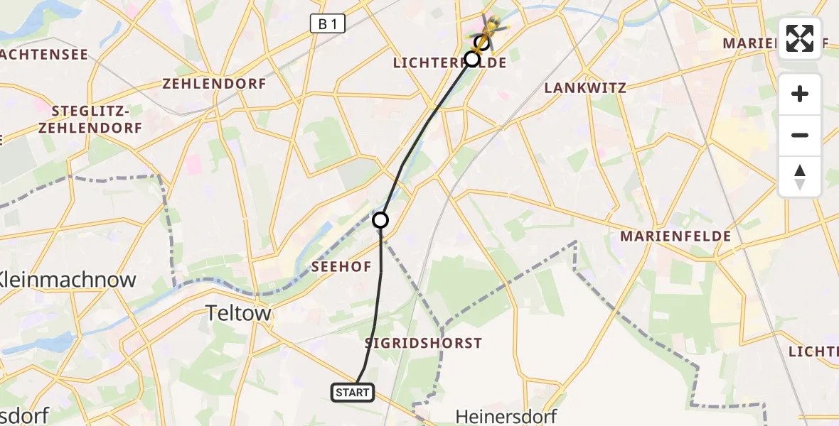 Flugroute Rettungshubschrauber Teltow - Charité Clinic Benjamin Franklin Campus, 27 August 2026, 14:54