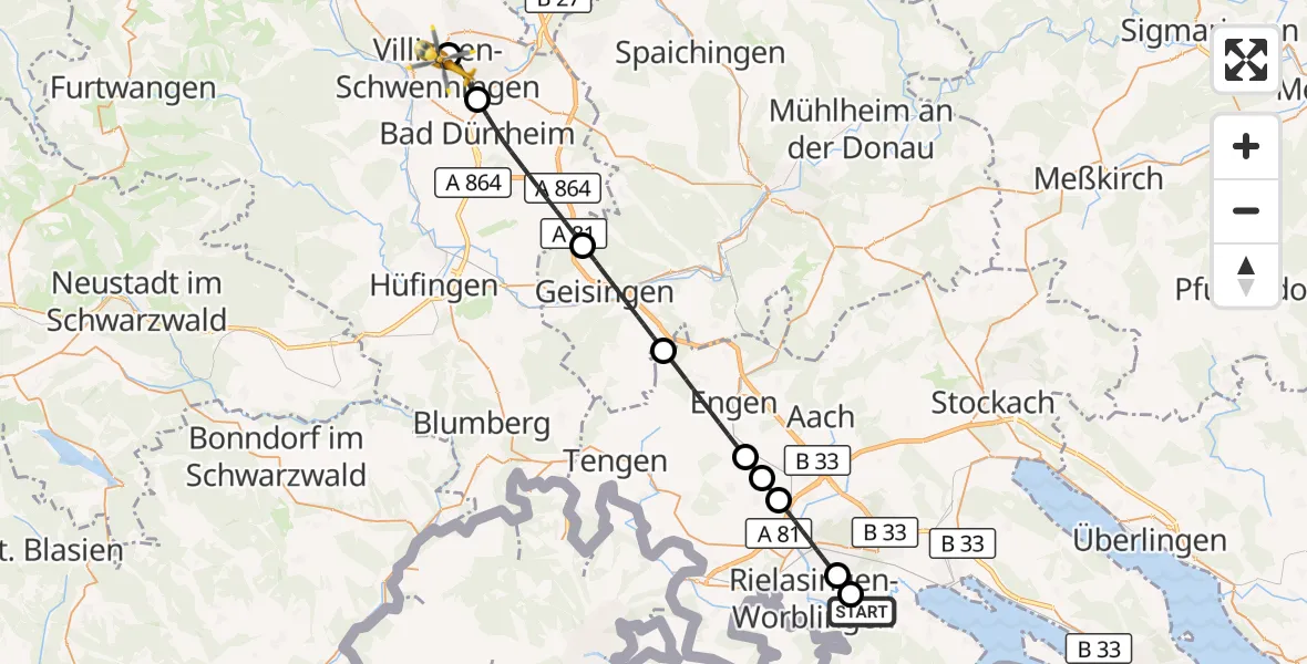 Flugroute Rettungshubschrauber Singen (Hohentwiel) - DRF Air Rescue Station Villingen-Schwenningen Hubschrauberlandeplatz (Christoph 11), 27 August 2026, 14:59