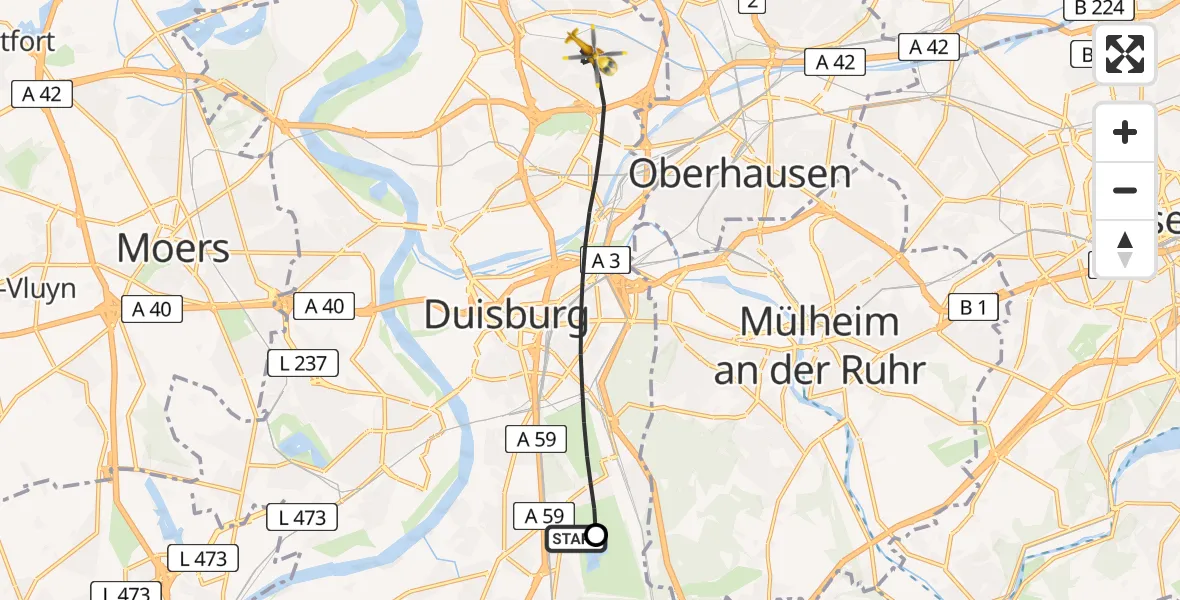 Flugroute Rettungshubschrauber Duisburg Air Rescue Hubschrauberlandeplatz (Christoph 9) - Duisburg, 27 August 2026, 15:00
