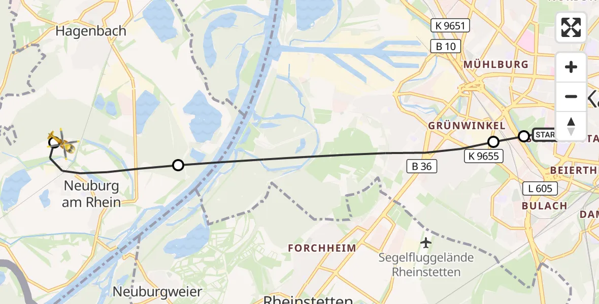 Flugroute Ambulanzhubschrauber Sankt Vincentius Hospital - Hagenbach, 27 August 2026, 15:05
