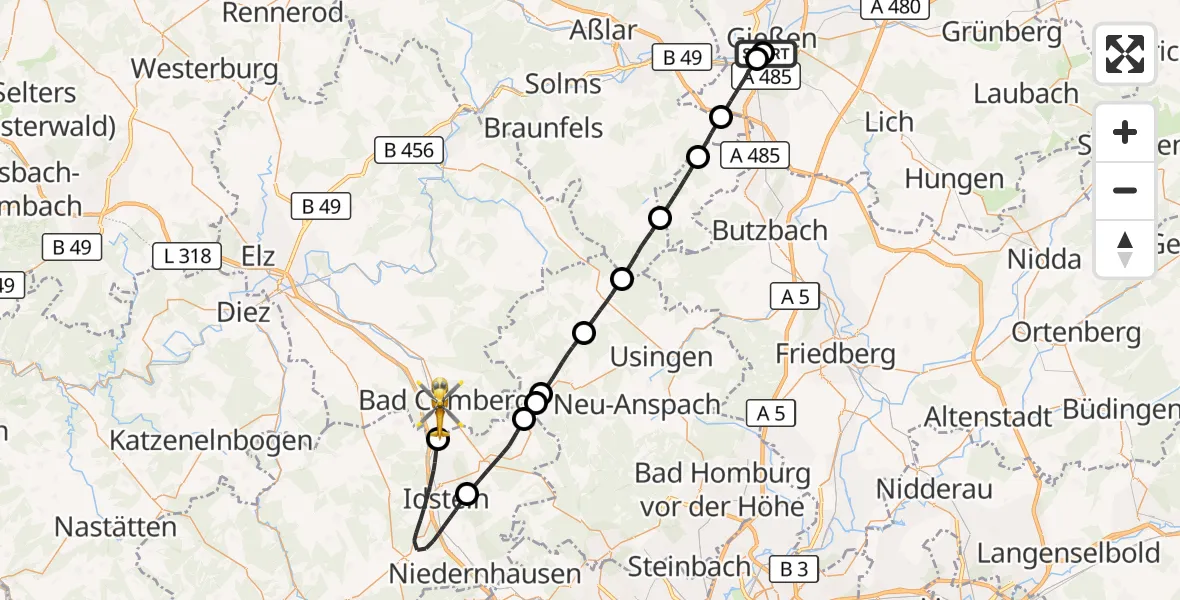 Flugroute Rettungshubschrauber Gießen University Hospital - Bad Camberg, 27 August 2026, 15:06