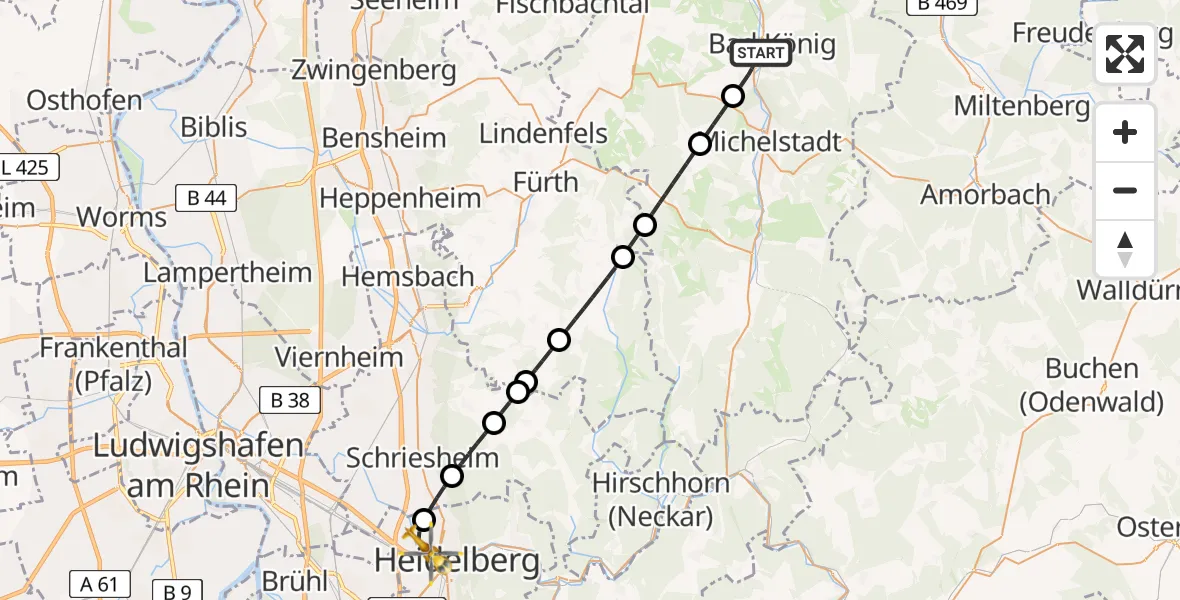 Flugroute Rettungshubschrauber Bad König - Heidelberg, 27 August 2026, 15:07