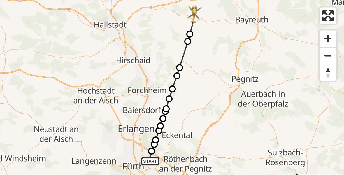 Flugroute Ambulanzhubschrauber Flughafen Nuremberg - Hollfeld, 27 August 2026, 15:12