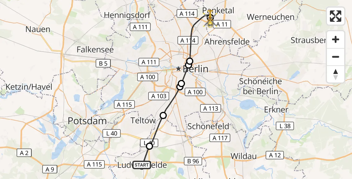 Flugroute Rettungshubschrauber Ludwigsfelde - Helios Clinic Berlin-Buch, 27 August 2026, 15:14