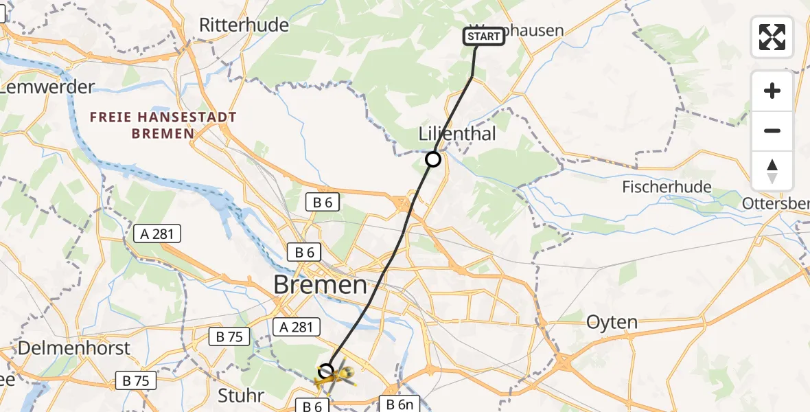 Flugroute Rettungshubschrauber Lilienthal - ADAC Air Rescue Station Bremen Hubschrauberlandeplatz (Christoph 6), 27 August 2026, 15:15