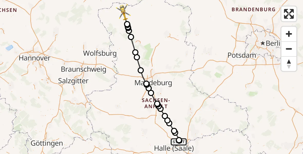 Flugroute Rettungshubschrauber Halle-Oppin Flugplatz - Salzwedel, 27 August 2026, 15:33