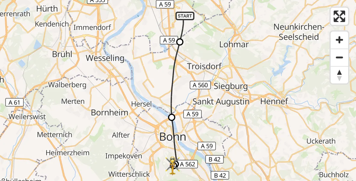 Flugroute Ambulanzhubschrauber Köln Bonn Flughafen - Bonn University Hospital, 27 August 2026, 15:36