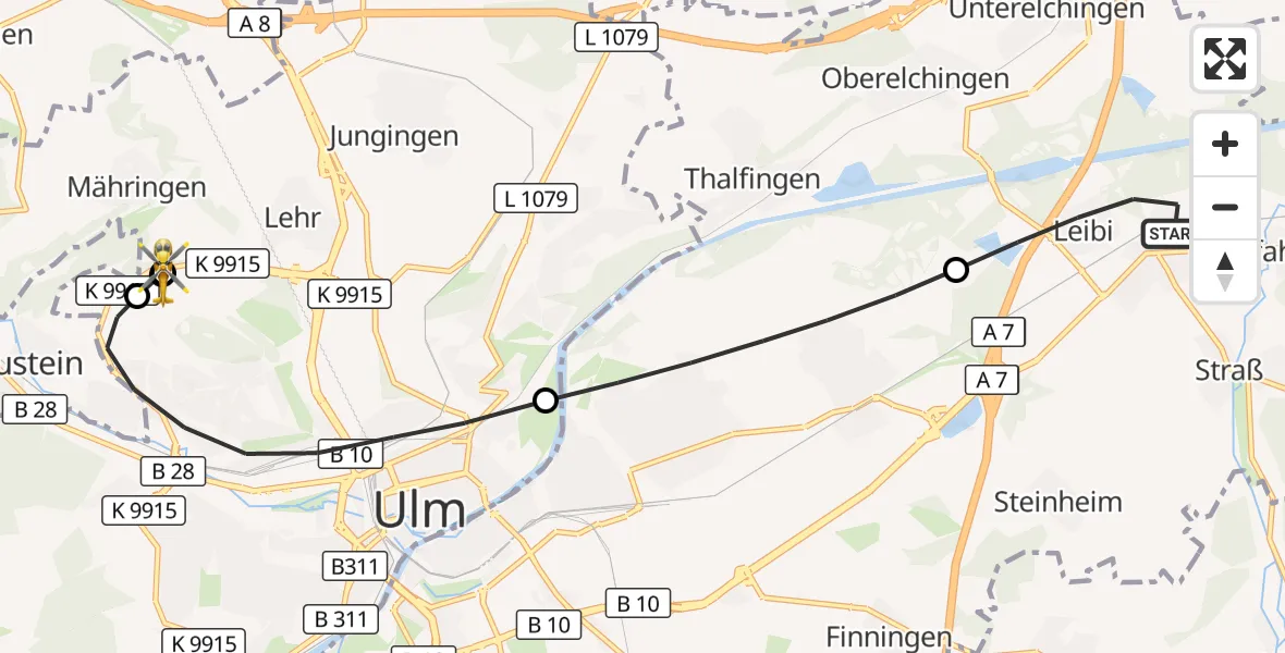 Flugroute Rettungshubschrauber Nersingen - ADAC Air Rescue Station Ulm (Christoph 22), 27 August 2026, 15:42