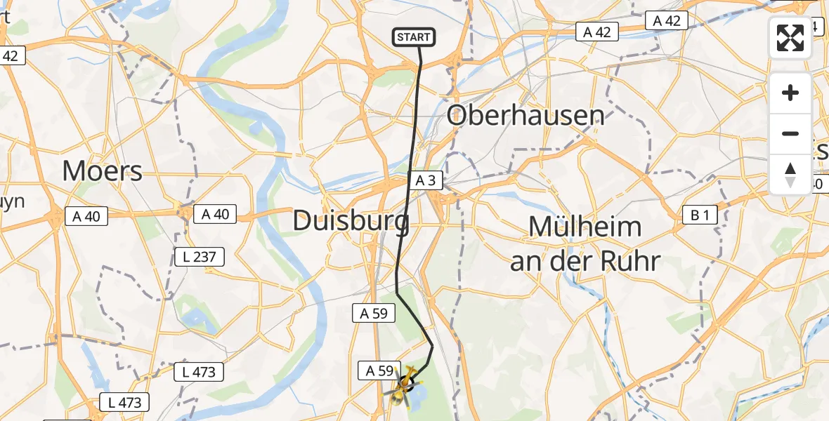 Flugroute Rettungshubschrauber Duisburg - Duisburg Air Rescue Hubschrauberlandeplatz (Christoph 9), 27 August 2026, 15:45