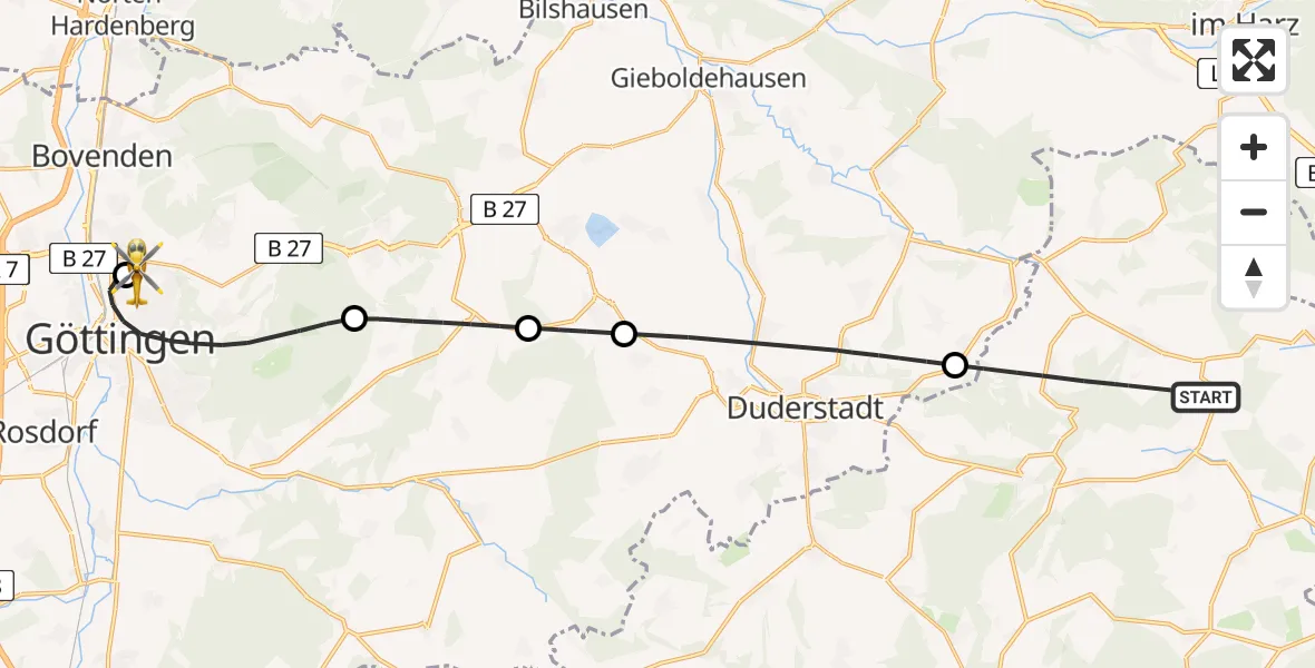 Flugroute Rettungshubschrauber Sonnenstein - Göttingen University Clinic Hubschrauberlandeplatz, 27 August 2026, 15:48