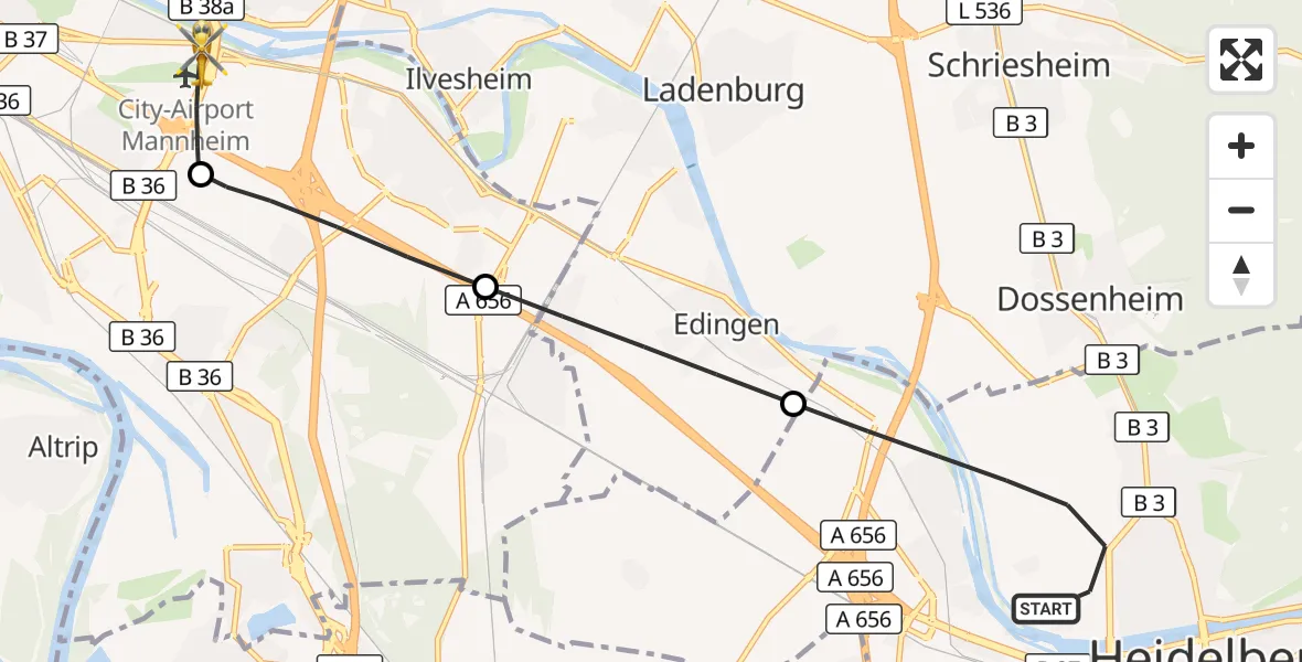Flugroute Rettungshubschrauber Heidelberg - Mannheim-City Flughafen, 27 August 2026, 15:52