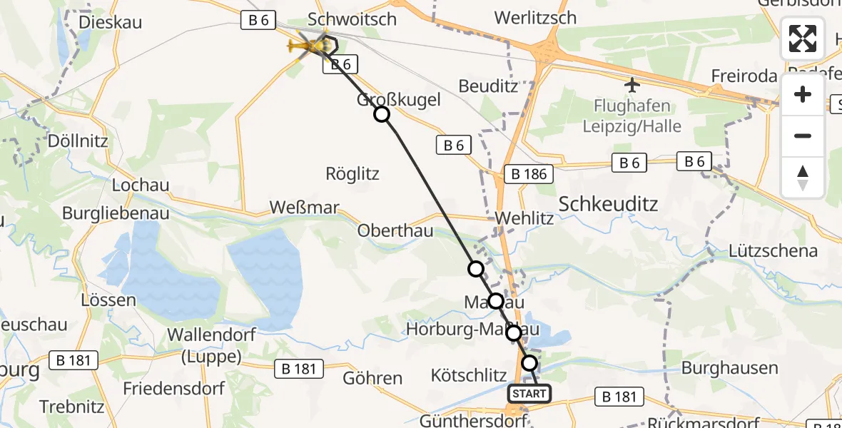 Flugroute Rettungshubschrauber ADAC Air Rescue Station Leipzig/Schkeuditz-Dölzig Hubschrauberlandeplatz (Christoph 61) - Kabelsketal, 27 August 2026, 15:54