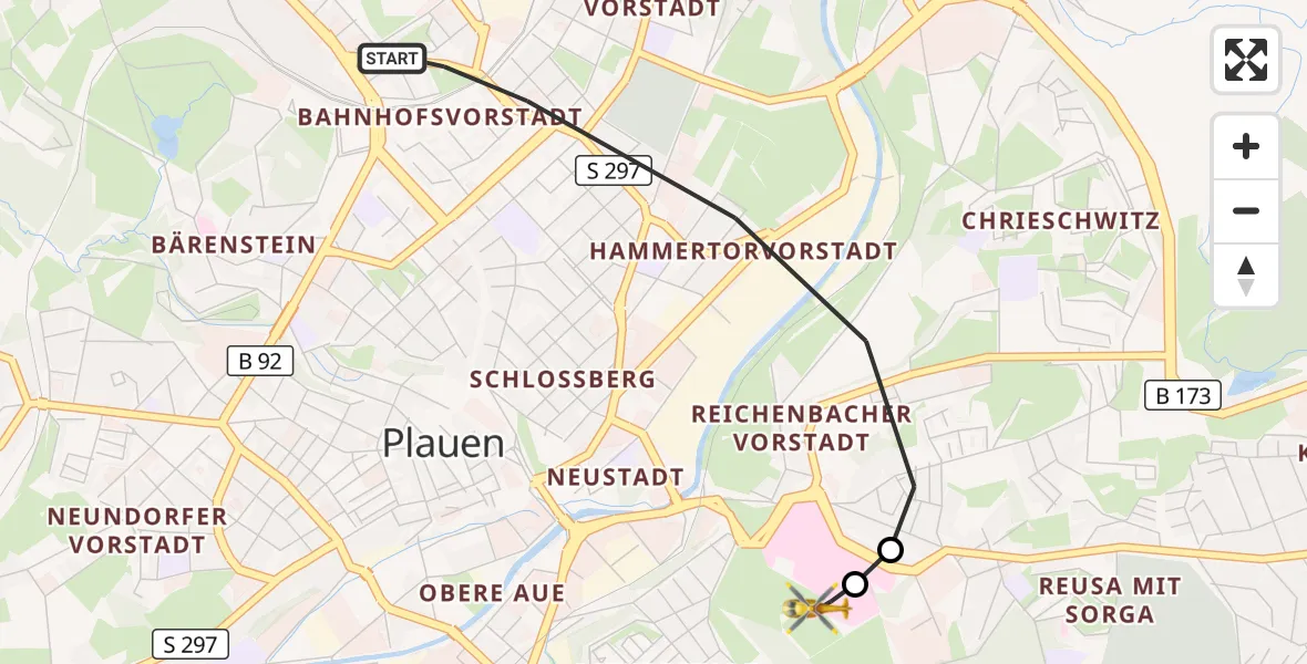 Flugroute Rettungshubschrauber Plauen - Helios Clinic Plauen, 27 August 2026, 15:57