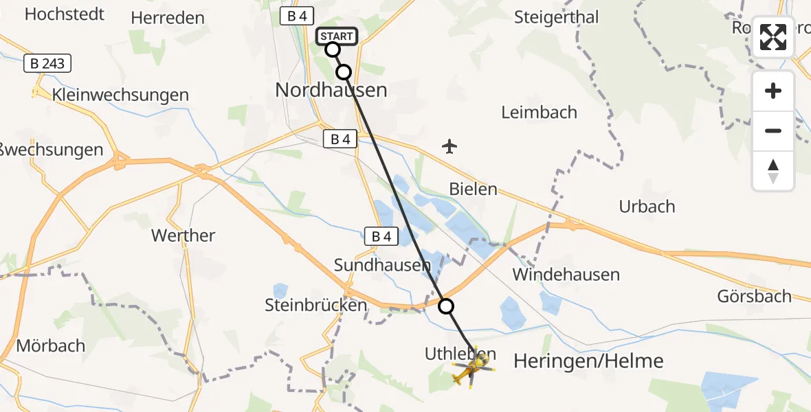 Flugroute Rettungshubschrauber Südharz Hospital Nordhausen - Heringen/Helme, 27 August 2026, 16:04