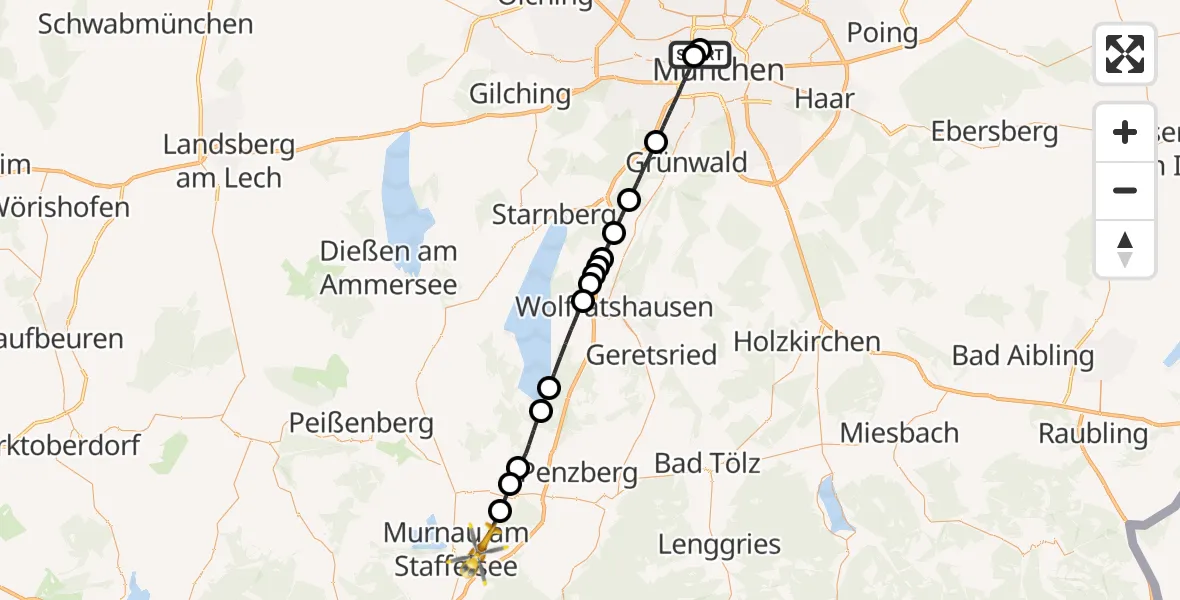 Flugroute Rettungshubschrauber Deutsches Herzzentrum München - Riegsee, 27 August 2026, 16:05