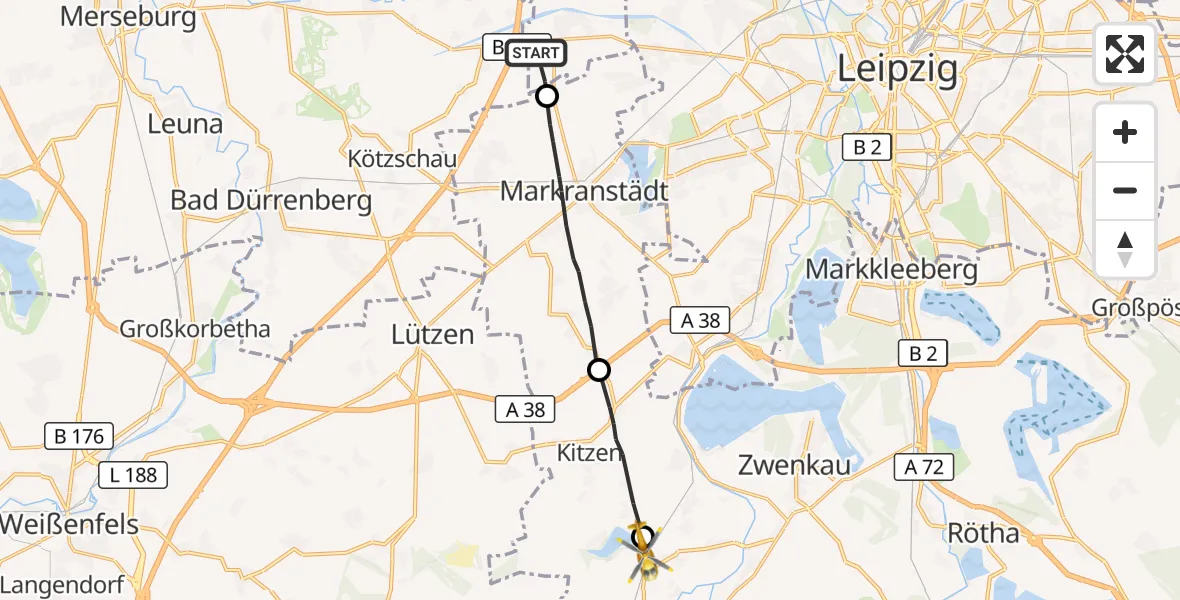 Flugroute Rettungshubschrauber Schkeuditz - Pegau, 27 August 2026, 16:08