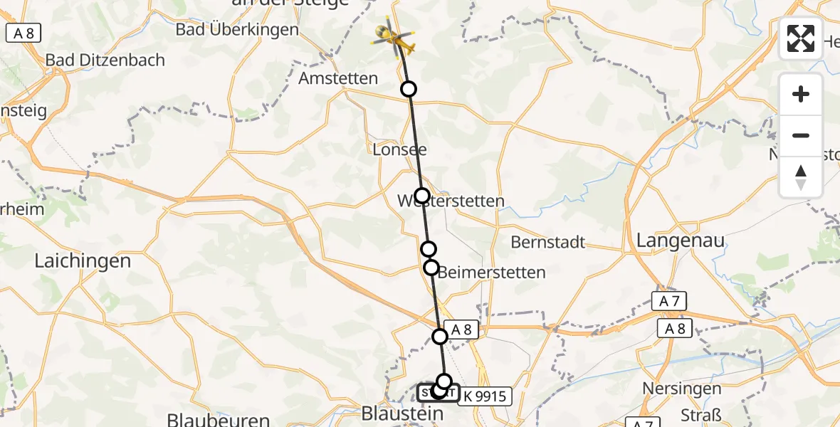 Flugroute Rettungshubschrauber Ulm Military Hospital Emergency - Amstetten, 27 August 2026, 16:14