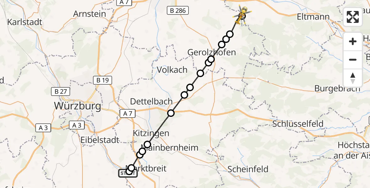 Flugroute Rettungshubschrauber Ochsenfurt Hospital - Donnersdorf, 27 August 2026, 16:23