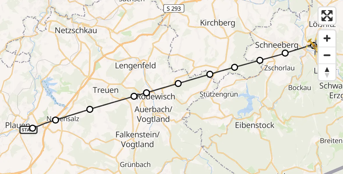 Flugroute Rettungshubschrauber Helios Clinic Plauen - Helios Clinic Aue, 27 August 2026, 16:24
