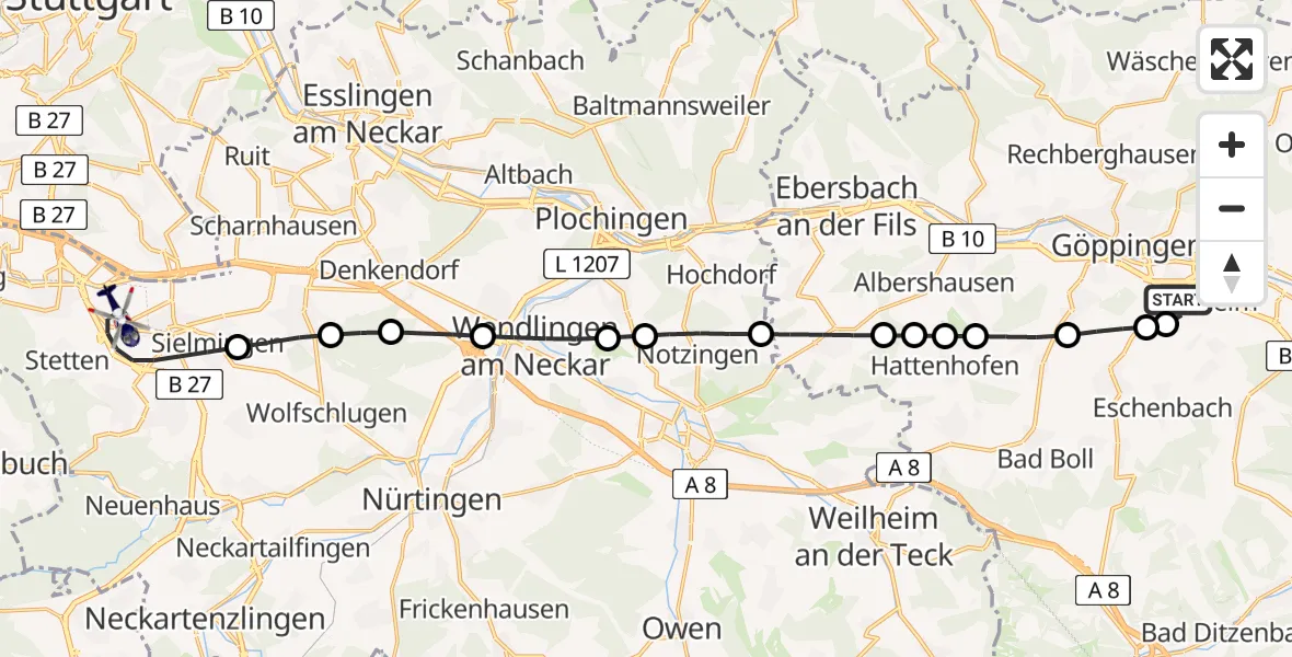Flugroute Polizeihubschrauber Göppingen - Flughafen Stuttgart, 27 August 2026, 16:24