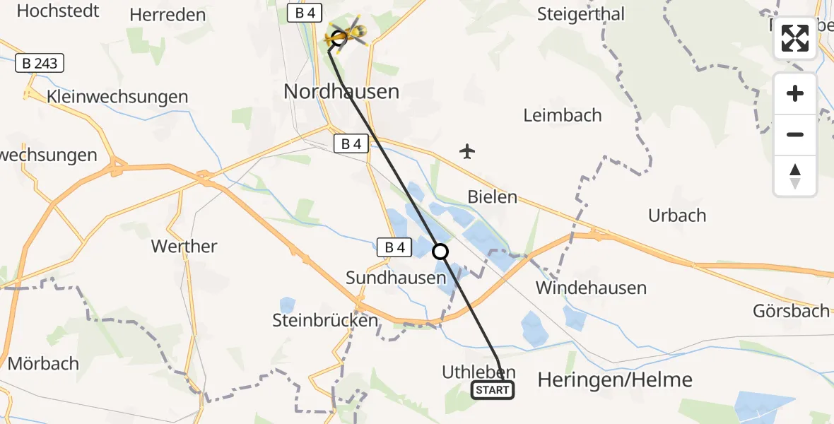 Flugroute Rettungshubschrauber Heringen/Helme - Südharz Hospital Nordhausen, 27 August 2026, 16:30
