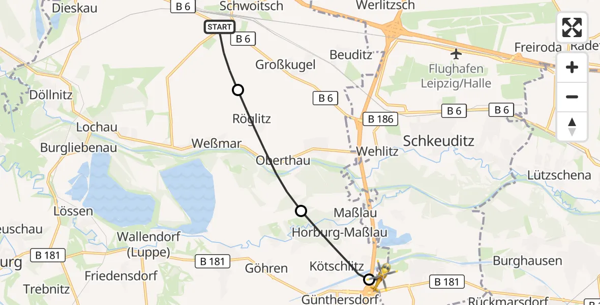 Flugroute Rettungshubschrauber Kabelsketal - ADAC Air Rescue Station Leipzig/Schkeuditz-Dölzig Hubschrauberlandeplatz (Christoph 61), 27 August 2026, 16:35