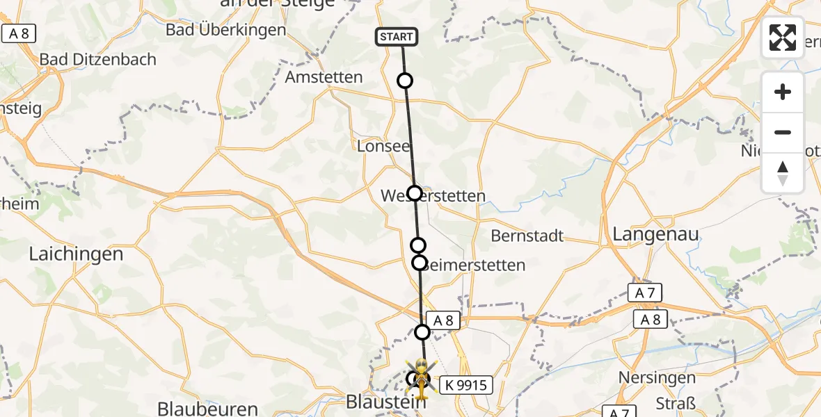 Flugroute Rettungshubschrauber Amstetten - ADAC Air Rescue Station Ulm (Christoph 22), 27 August 2026, 16:43