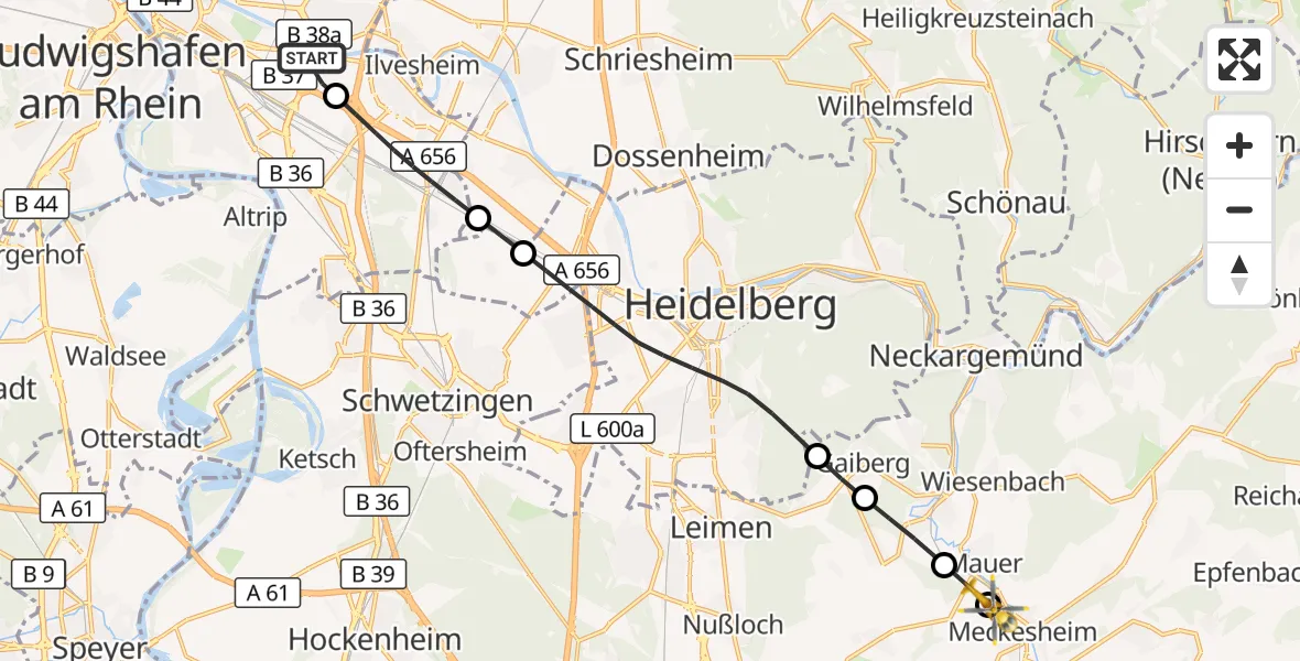 Flugroute Rettungshubschrauber Mannheim-City Flughafen - Meckesheim, 27 August 2026, 16:49