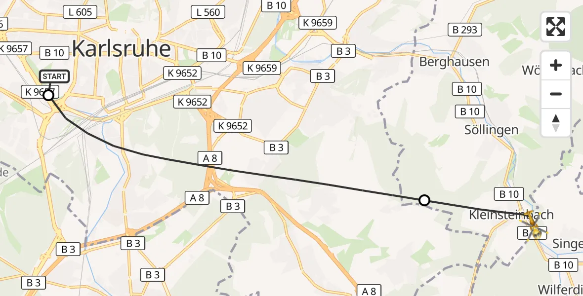 Flugroute Ambulanzhubschrauber Sankt Vincentius Hospital - Pfinztal, 27 August 2026, 16:49