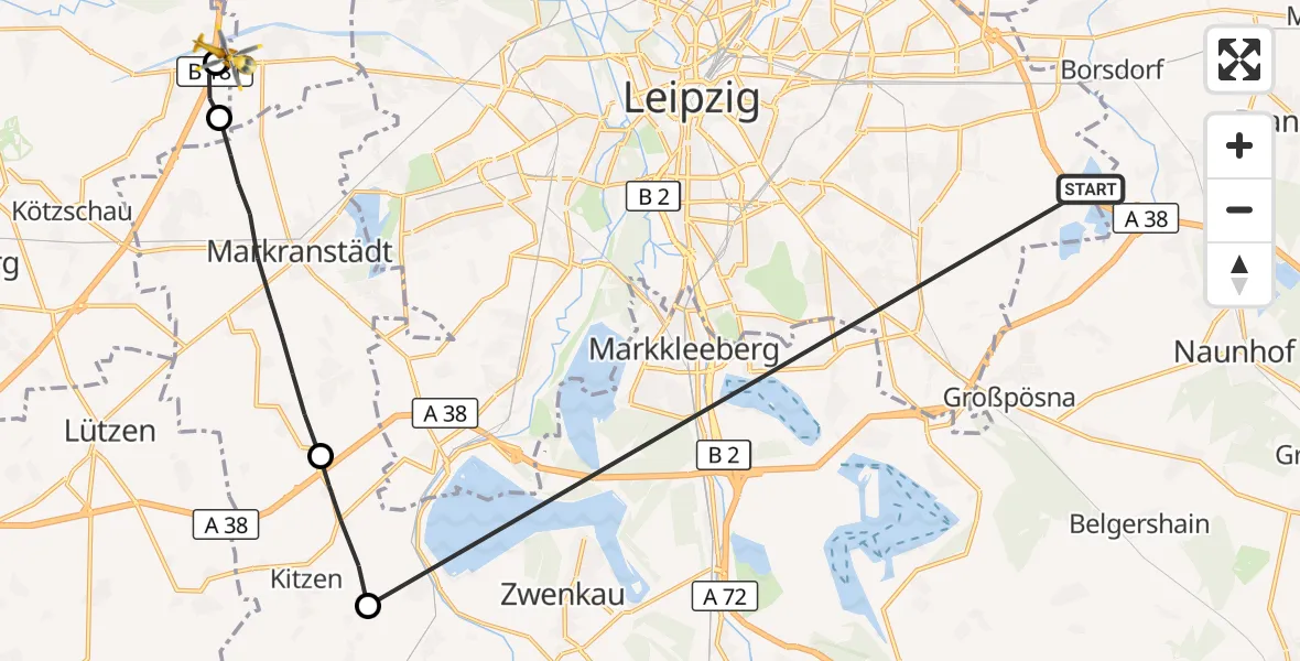 Flugroute Rettungshubschrauber Leipzig - ADAC Air Rescue Station Leipzig/Schkeuditz-Dölzig Hubschrauberlandeplatz (Christoph 61), 27 August 2026, 16:51