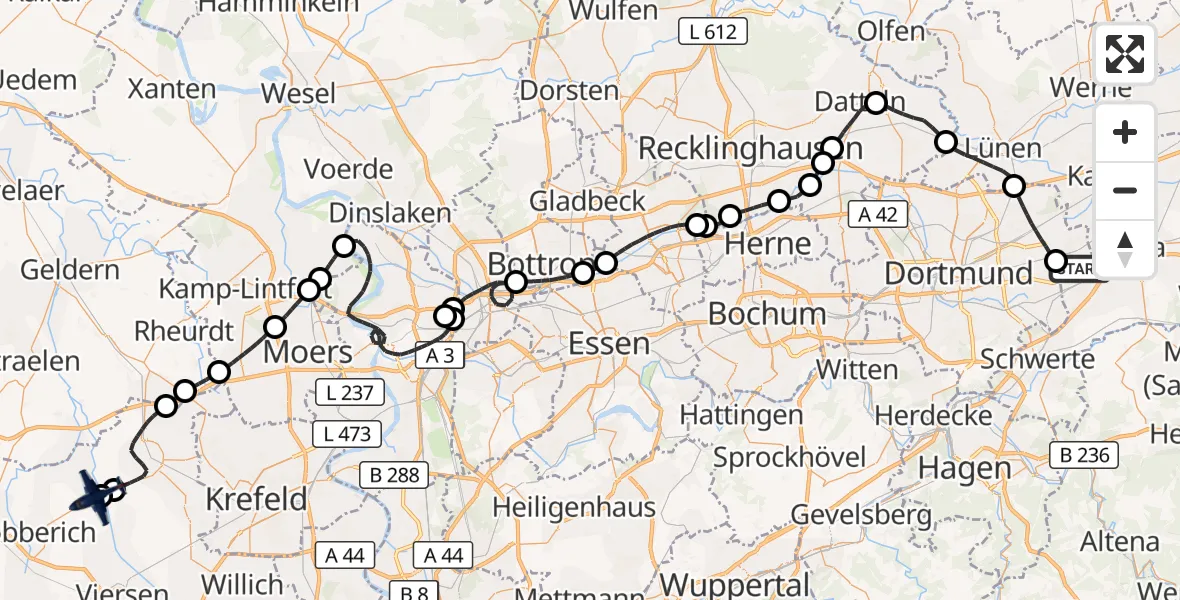 Flugroute Polizeiflugzeug Dortmund Flughafen - Grefrath-Niershorst Flugplatz, 27 August 2026, 16:54