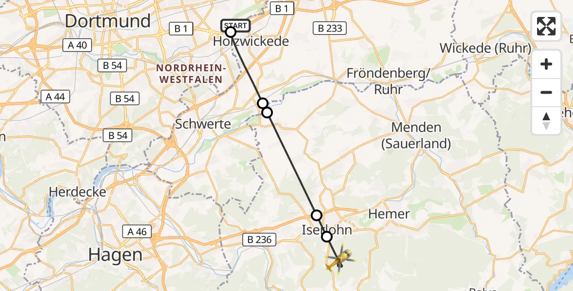 Flugroute Rettungshubschrauber Dortmund Flughafen - Iserlohn, 27 August 2026, 17:00
