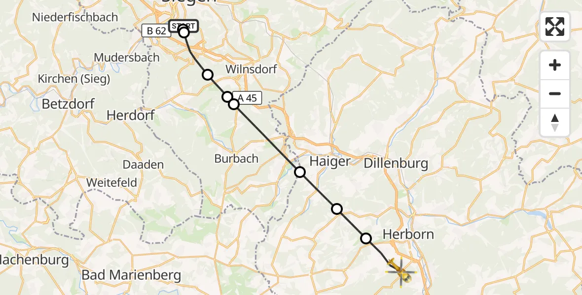 Flugroute Rettungshubschrauber Evangelisches Jung-Stilling Hospital - Herborn, 27 August 2026, 17:00