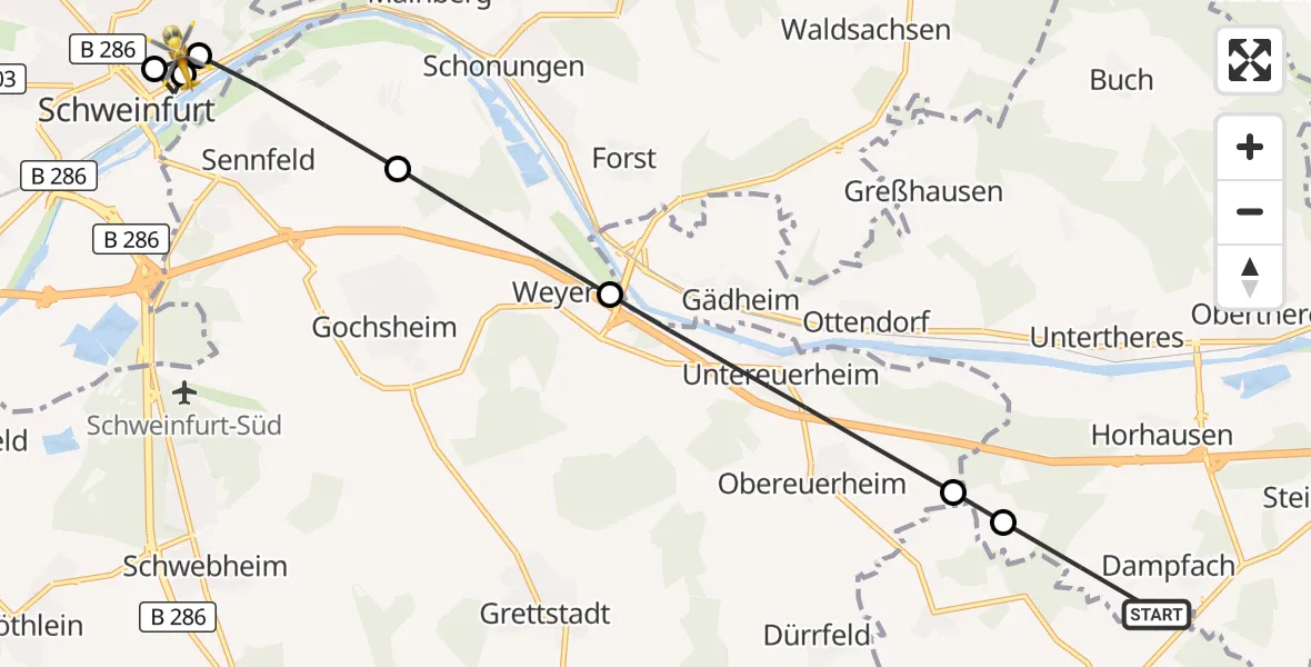 Flugroute Rettungshubschrauber Wonfurt - Leopoldina Schweinfurt City Hospital, 27 August 2026, 17:01