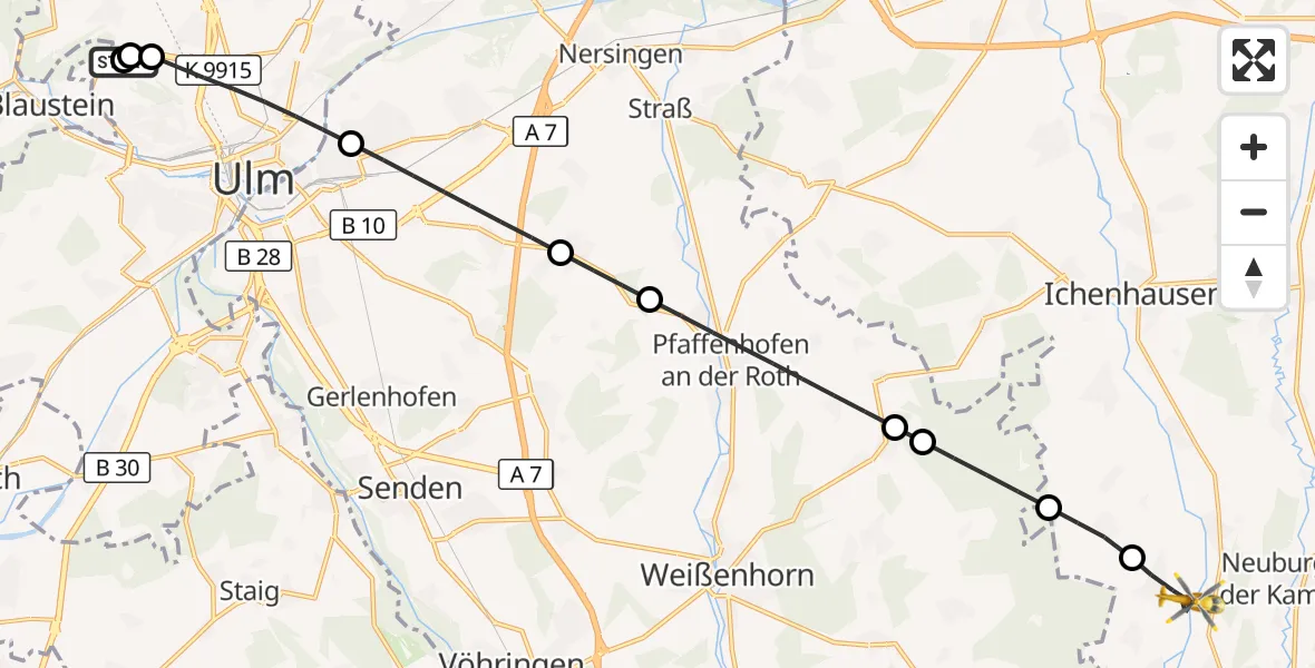 Flugroute Rettungshubschrauber Ulm Military Hospital Emergency - Wiesenbach, 27 August 2026, 17:01