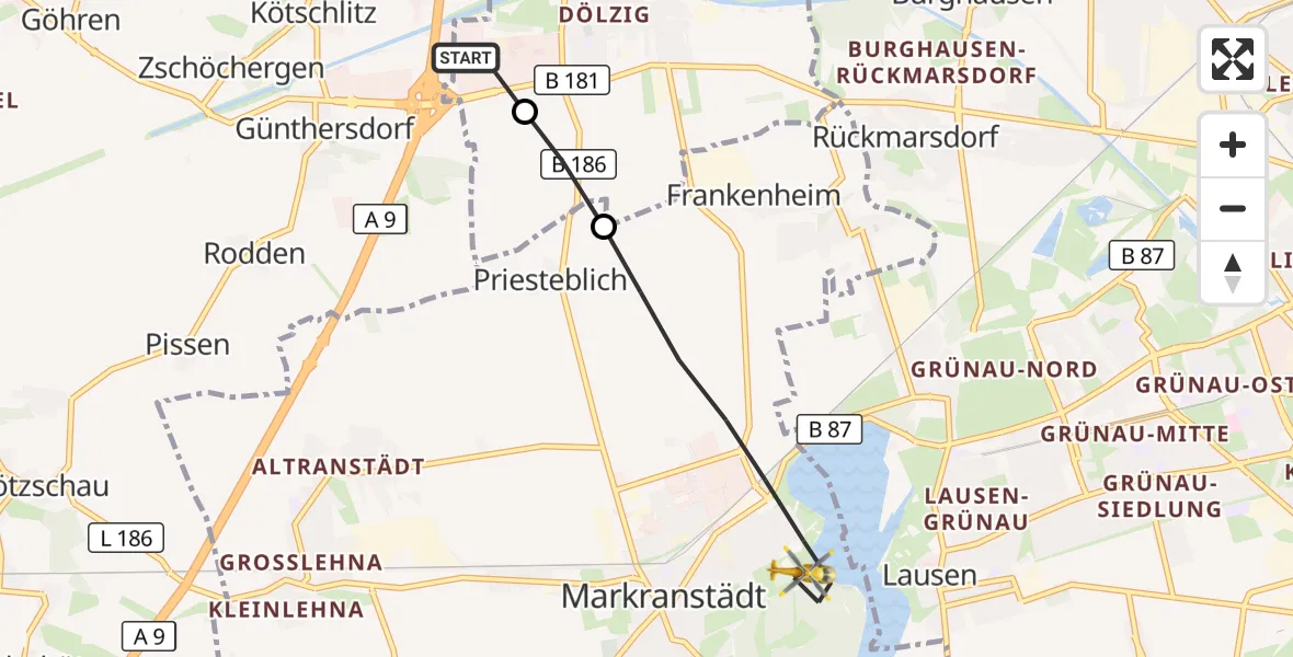 Flugroute Rettungshubschrauber ADAC Air Rescue Station Leipzig/Schkeuditz-Dölzig Hubschrauberlandeplatz (Christoph 61) - Markranstädt, 27 August 2026, 17:11